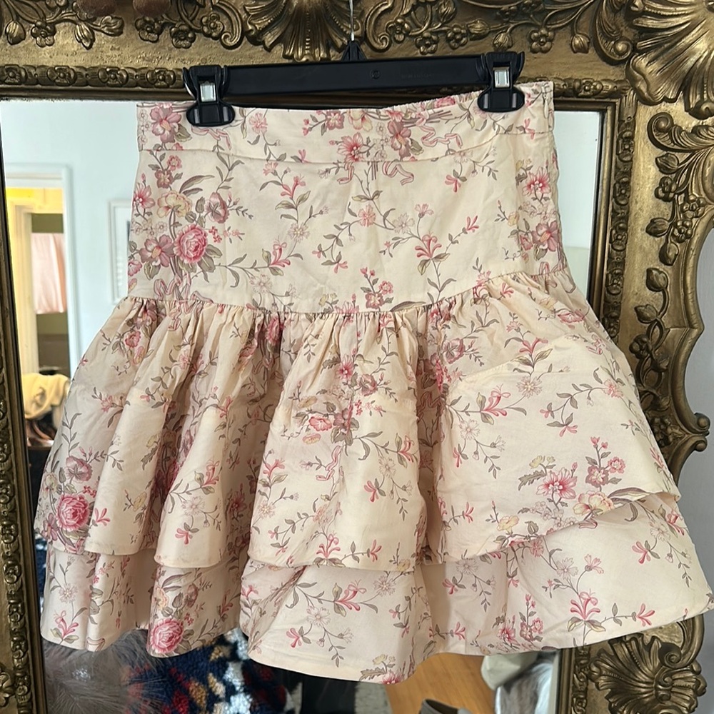 SELKIE Floral Tiered Skirt - Cream and Pink